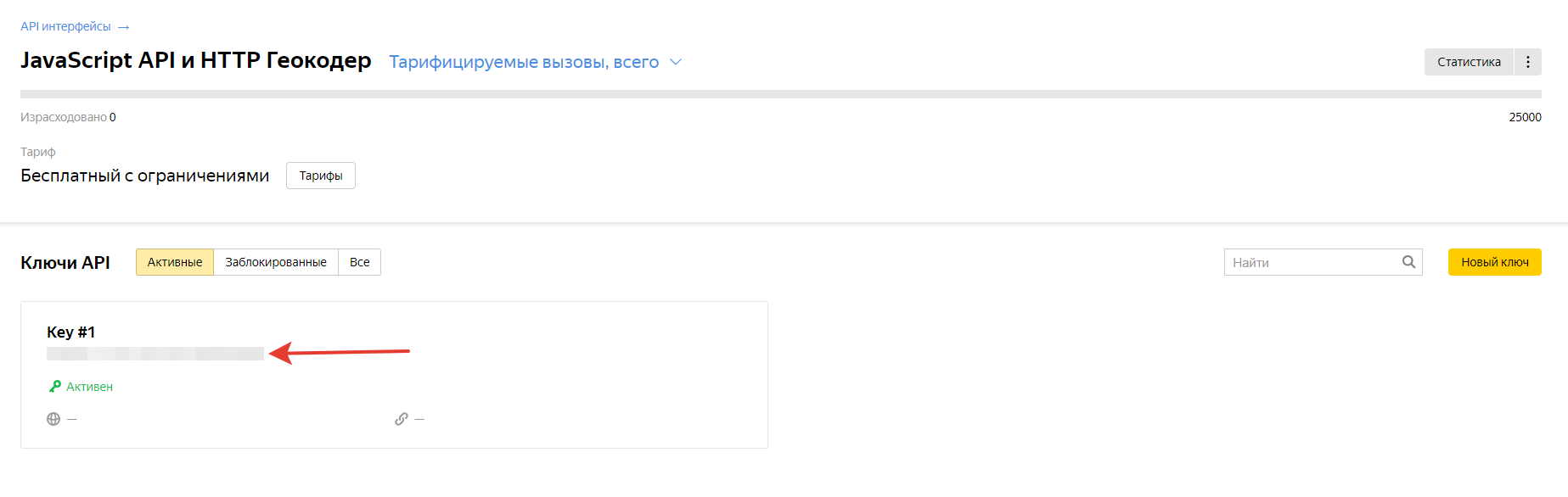 Рис 6. Находим созданный API Key